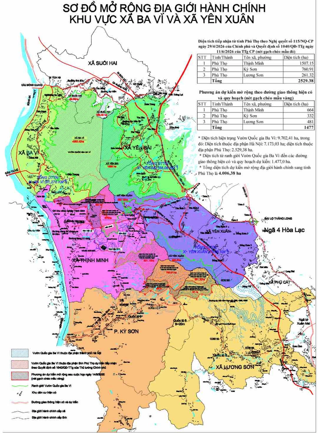 Một phần diện tích các xã Thịnh Minh (hồng), Yên Xuân (tím) và phường Kỳ Sơn (nâu) của Phú Thọ dự kiến sẽ chuyển về Hà Nội. Nguồn: UBND TP Hà Nội