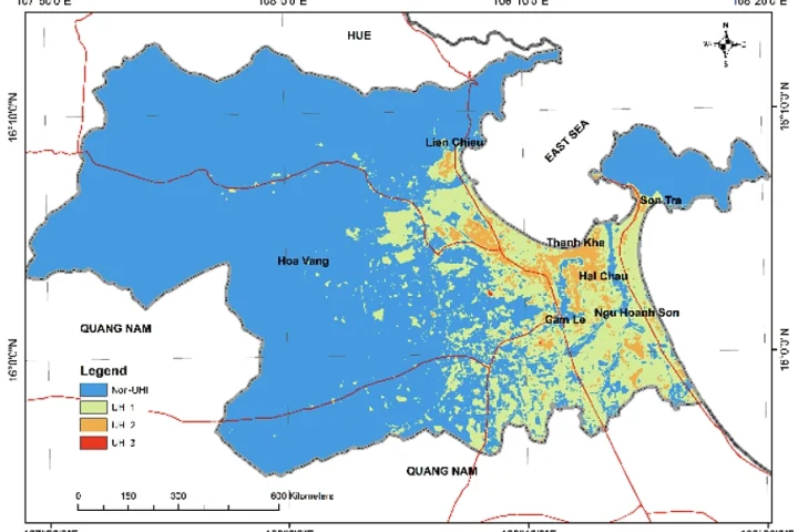 Bản đồ đảo nhiệt đô thị Đà Nẵng trong nghiên cứu vào năm 2020. Vùng nóng tập trung chủ yếu ở khu vực đô thị hóa dày đặc như Hải Châu, Thanh Khê. Các khu vực như Hòa Vang và bán đảo Sơn Trà hầu như không ghi nhận đảo nhiệt. Ảnh: DOI: 10.46326/JMES.2023.64(3).09